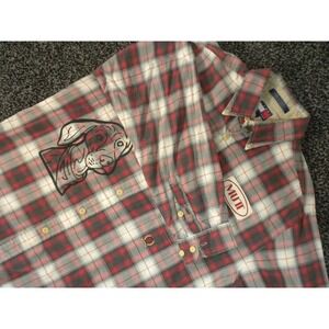 Tommy Hilfiger Shirt Mens L Red Black Mutt Lab Dog Crest Plaid Button Down Biker